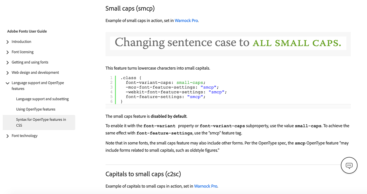 A section of the User Guide for Adobe Fonts, detailing how to use OpenType features in CSS