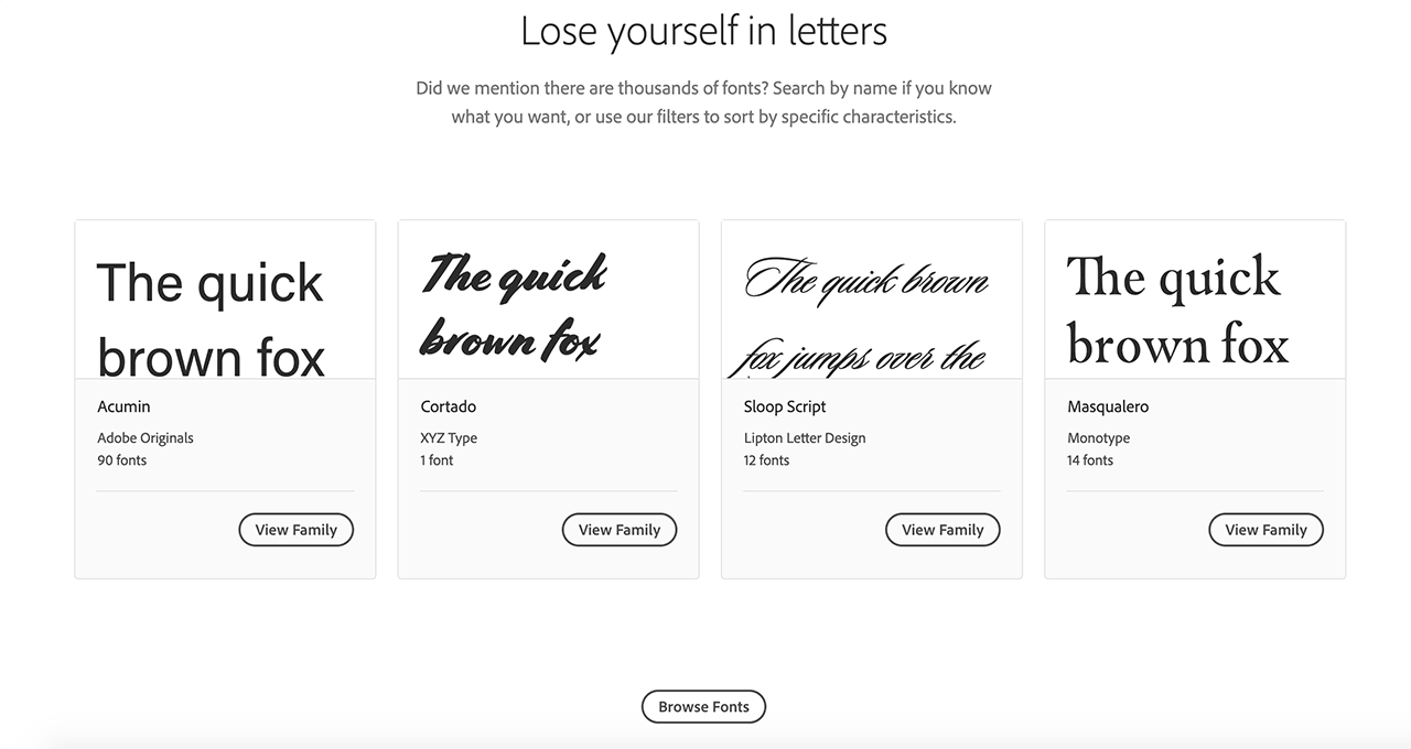A brief heading invites users to “Lose Yourself in Letters” with samples of four different typeface families and a “Browse Fonts” call to action.
